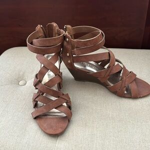 Madden Girl strappy wedge sandal in brown leather.